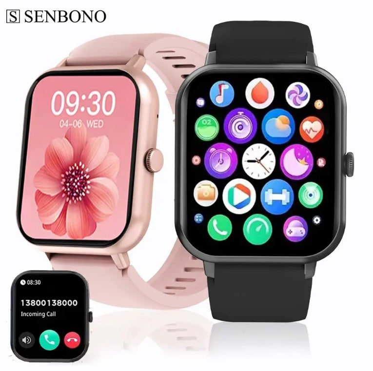Smartwatch with colorful display and additional devices on a white background, featuring the SENBONO brand.